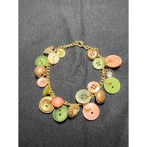 Vintage Button Charm Bracelet: Gold, Olive Green, Peach Buttons - 8 Inch